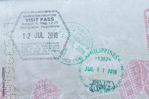 Inside page of a well traveled european passport with all kinds of stamps 