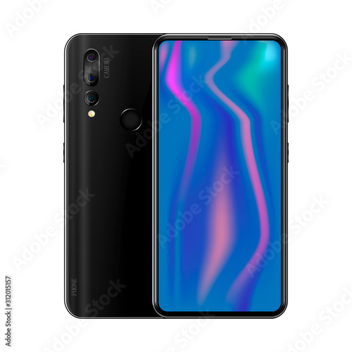 Black smartphone front and back view on isolated background, phone with camera and fingerprint, vector illustration