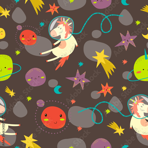 seamless pattern with funny unicorn in cosmos. Astronaut with stars and planets. Doodle illustration.