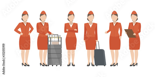 Stewardess in red uniform standing in diverse poses. Vector.