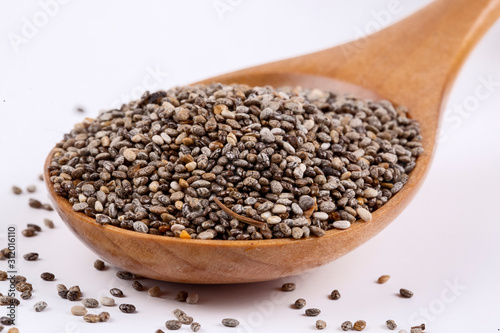 Top view of chia seeds. Can be used as background. The people of the ancient Aztec and Incan empires revered chia seeds as viral nourishment. © Esin Deniz