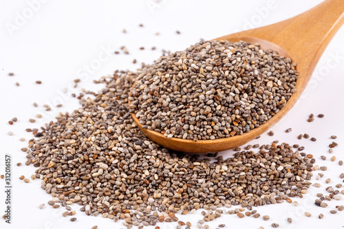 Top view of chia seeds. Can be used as background. The people of the ancient Aztec and Incan empires revered chia seeds as viral nourishment.