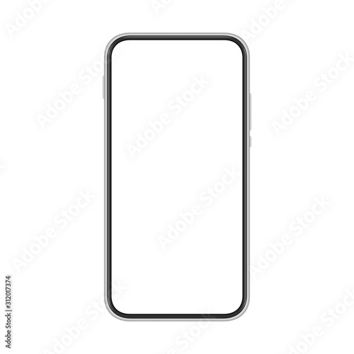 Frameless smartphone with white blank screen. Cellphone mock up isolated
