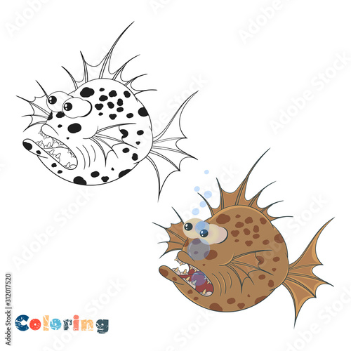 Big scary fish. Vector coloring on the theme of fishing on a white isolated background with color illustration.
