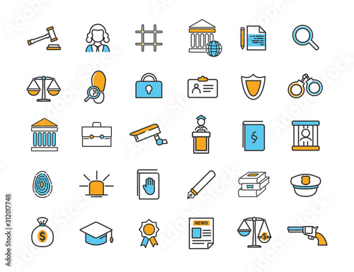 Set of linear jurisprudence icons. Law icons in simple design. Vector illustration