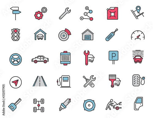 Set of linear car service icons. Vehicle icons in simple design. Vector illustration