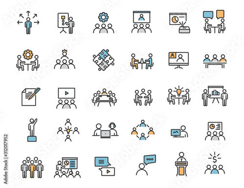 Set of linear business training icons. Workshop icons in simple design. Vector illustration