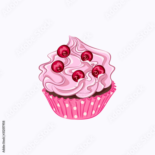 Cupcake with pink cream and red berry
