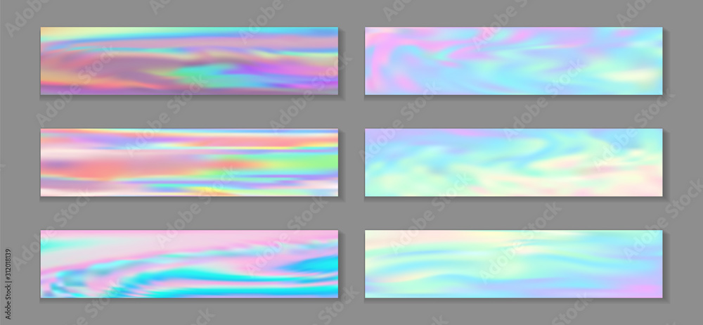 Holography modern banner horizontal fluid gradient unicorn backgrounds vector set. Fairy holography 