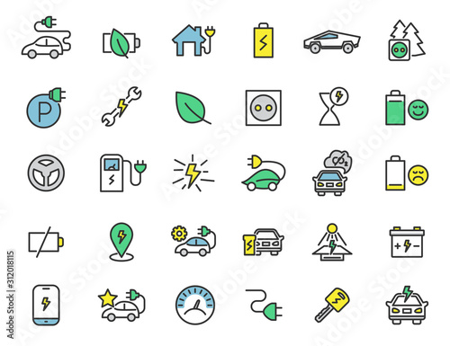 Set of linear electric car icons. Chrager station icons in simple design. Vector illustration