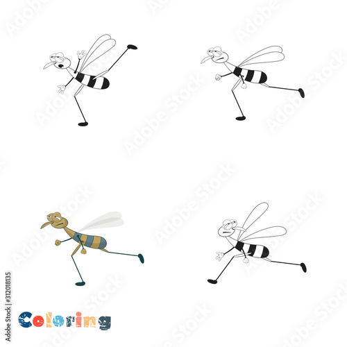 Water strider in various poses. Vector coloring book with color illustration on a white background.