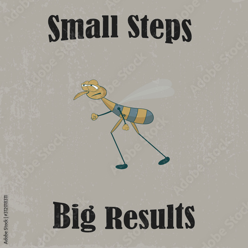Walking water strider on a colored background with a worn texture and an inscription. Vector illustration.