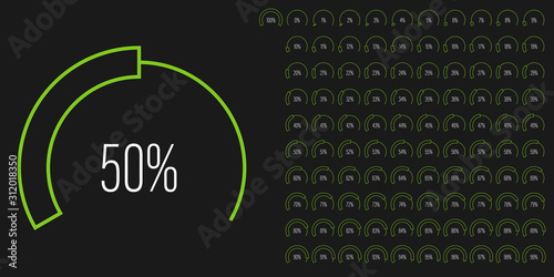 Set of circular sector percentage diagrams meters from 0 to 100 ready-to-use for web design, user interface UI or infographic - indicator with green