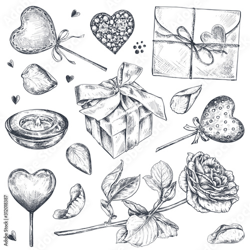 Vector collection of hand drawn vintage valentine and wedding day elements.