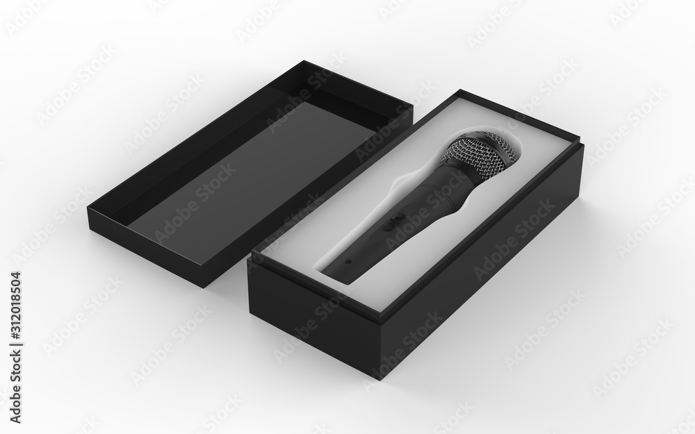 3d Microphone inside the box isolated on a white background. 3d illustration
