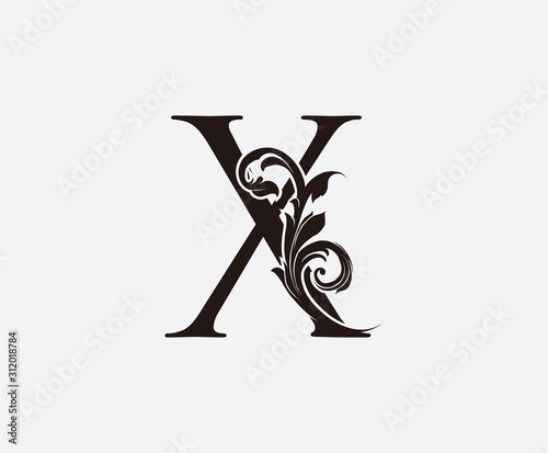 X Letter Classic Vintage Floral Logo Icon, Initial X Black Swirl Design.