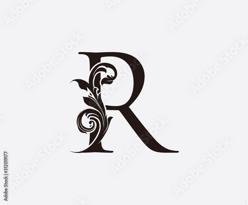 R Letter Classic Vintage Floral Logo Icon  Initial Z Black Swirl Design.