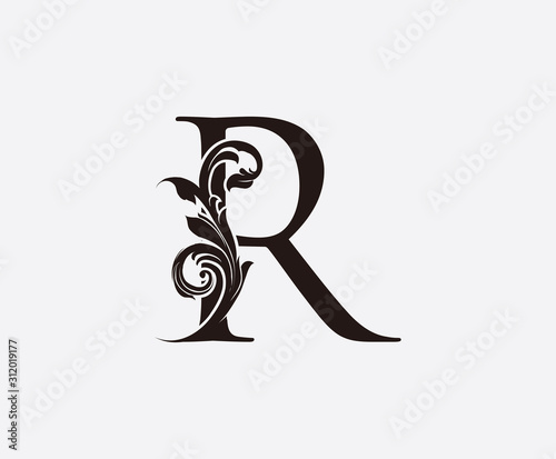 R Letter Classic Vintage Floral Logo Icon, Initial Z Black Swirl Design.