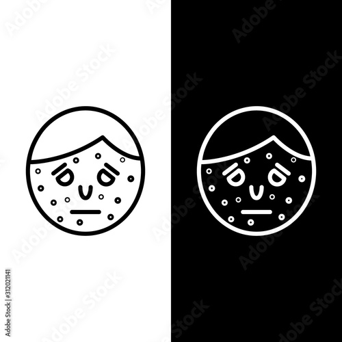 Set line Face with psoriasis or eczema icon isolated on black and white background. Concept of human skin response to allergen or chronic body problem.  Vector Illustration