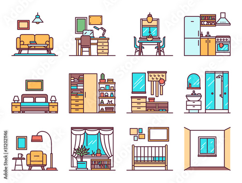 House rooms types color icons vector set
