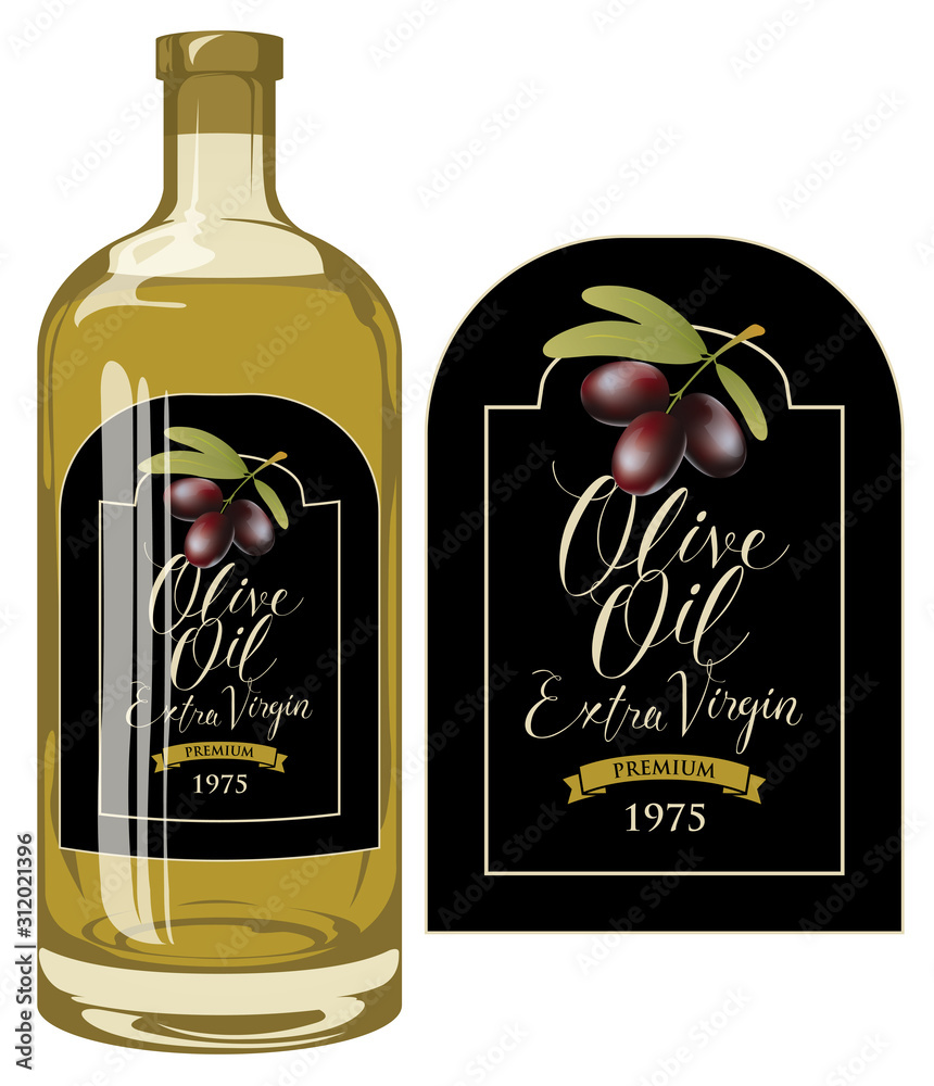 Vector label for extra virgin olive oil with handwritten inscription and black olives in figured frame on the black background in retro style. Template label on glass bottle