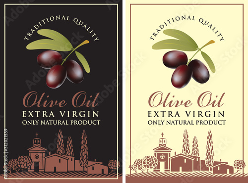 Set of vector banners or labels for extra virgin olive oil with black olives, calligraphic inscription and with Italian countryside landscape in retro style.