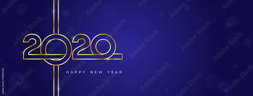 Golden 2020 and happy new year text on dark blue bokeh banner background
