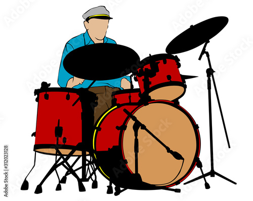 Jazz musicians with percussion instruments . Isolated silhouettes on white background