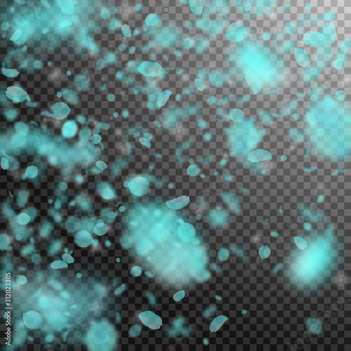 Turquoise flower petals falling down. Charming rom