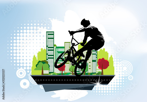 Active man. BMX rider in abstract sport landscape background, vector.