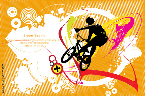 Active man. BMX rider in abstract sport landscape background, vector.