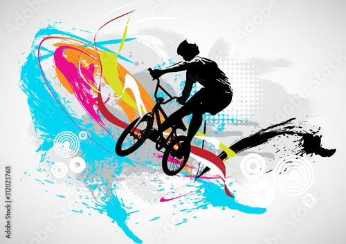 Active man. BMX rider in abstract sport landscape background, vector.
