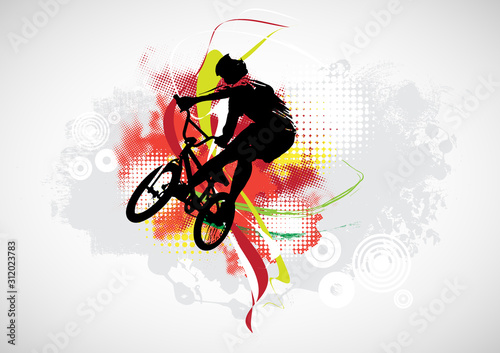 Active man. BMX rider in abstract sport landscape background, vector.