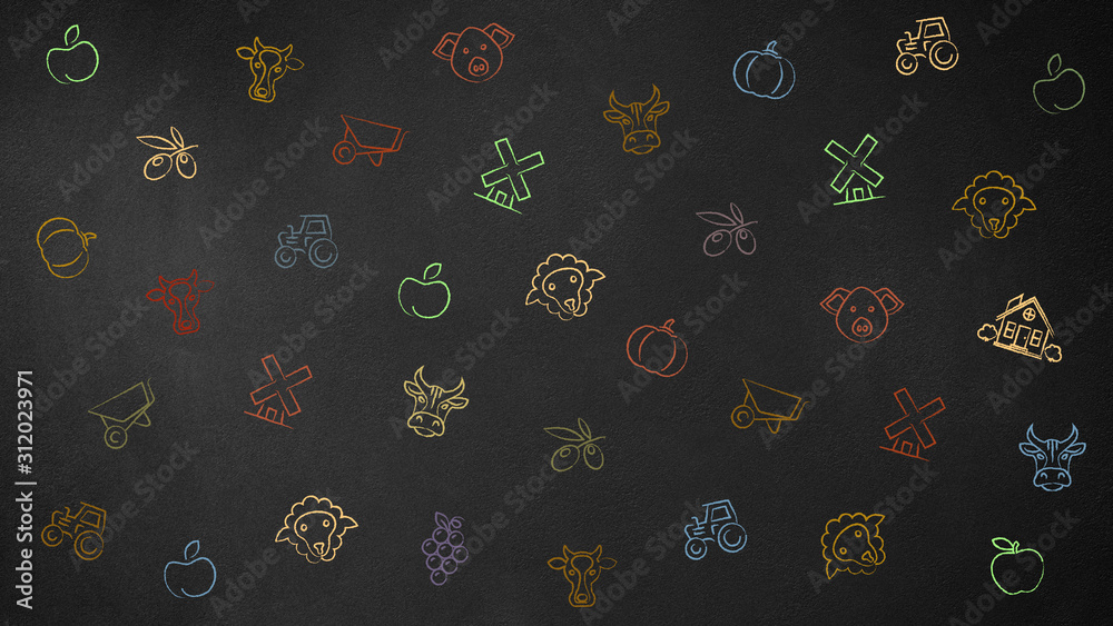 Farm color icons on dark charcoal background texture Farm color icons on dark charcoal background texture