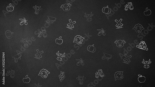 Farm icons on dark charcoal background texture