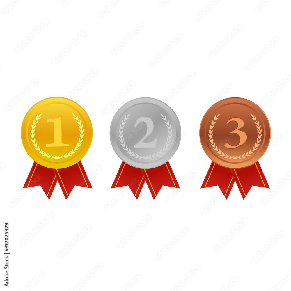 Realistic award medals. Winner medal gold bronze silver first place trophy champion honor best shiny circle ceremony prize, vector Realistic award medals. Winner medal gold bronze silver first place trophy champion honor best shiny circle ceremony prize, vector