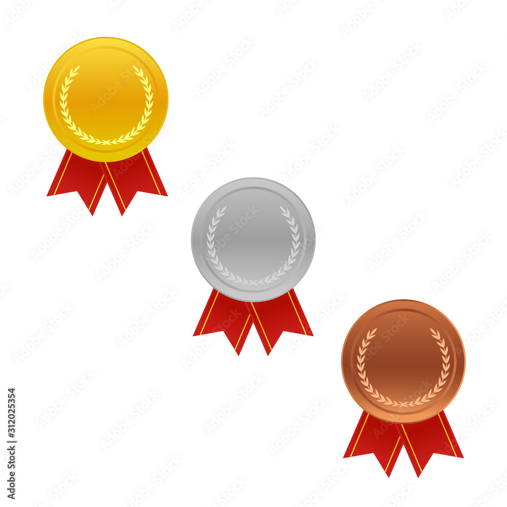 Realistic award medals. Winner medal gold bronze silver first place trophy champion honor best shiny circle ceremony prize, vector Realistic award medals. Winner medal gold bronze silver first place trophy champion honor best shiny circle ceremony prize, vector