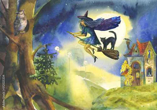 Fairytale Happy Halloween illustration with landscape,flying witch on a broomstick at night, full moon, owl in the forest,black cats,stone witch house, potion,skulls.Suitable for invitations,postcards © ELENA