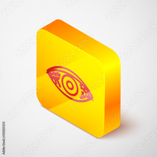 Isometric line Reddish eye due to viral, bacterial or allergic conjunctivitis icon isolated on grey background. Yellow square button. Vector Illustration
