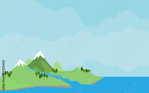 The mountain scenery is full of trees and lakes in the morning sky.