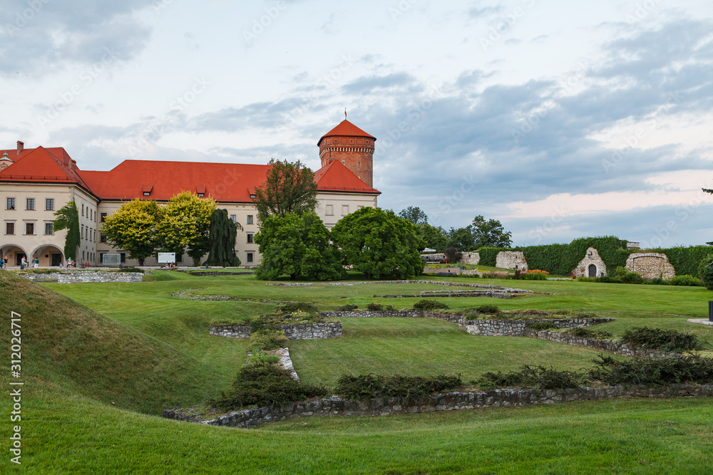 Beautiful green garden and yard in Wawel castle, Krakow, Poland