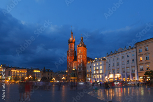 KRAKOW, POLAND - MAY, 11, 2018: St. Mary's Church and main square at night.