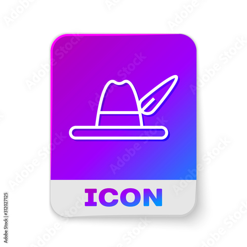 White line Oktoberfest hat icon isolated on white background. Hunter hat with feather. German hat. Rectangle color button. Vector Illustration