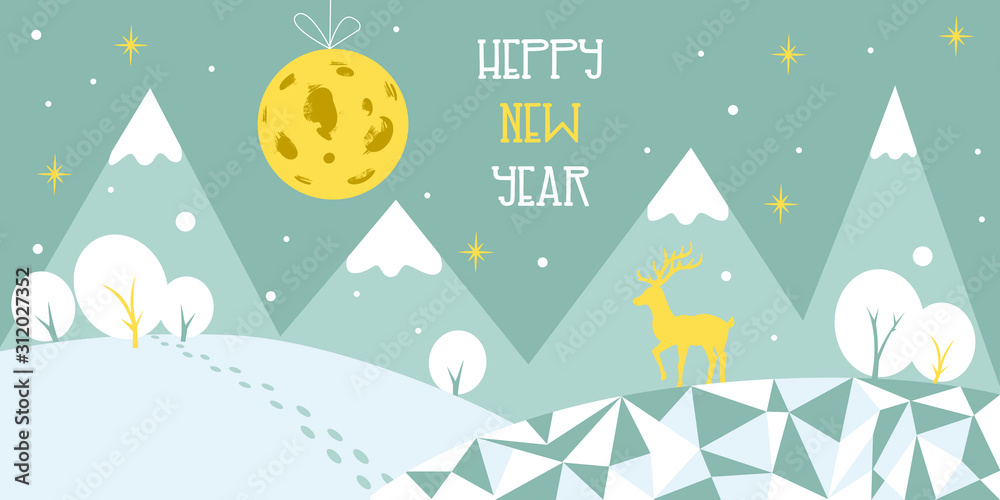 Happy New Year holiday background. Christmas and New Year night, white snow, stars, mountains, trees, deer and moon in grey and yellow colors. Vector flat illustration. EPS 10