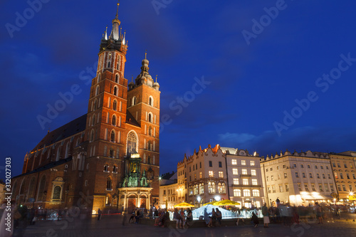 KRAKOW, POLAND - MAY, 11, 2018: St. Mary's Church and main square at night.