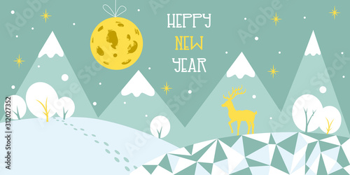 Happy New Year holiday background. Christmas and New Year night, white snow, stars, mountains, trees, deer and moon in grey and yellow colors. Vector flat illustration. EPS 10
