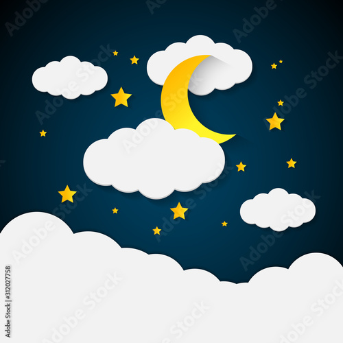The night sky is full of clouds, moons, and yellow stars. icon-vector