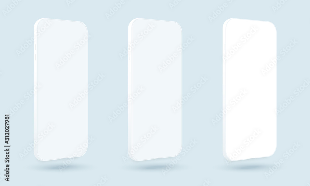 Three white smartphones vector mockup. Trendy clay mobile phones template with blank screen for design app. Side view mock up. Clean device model.