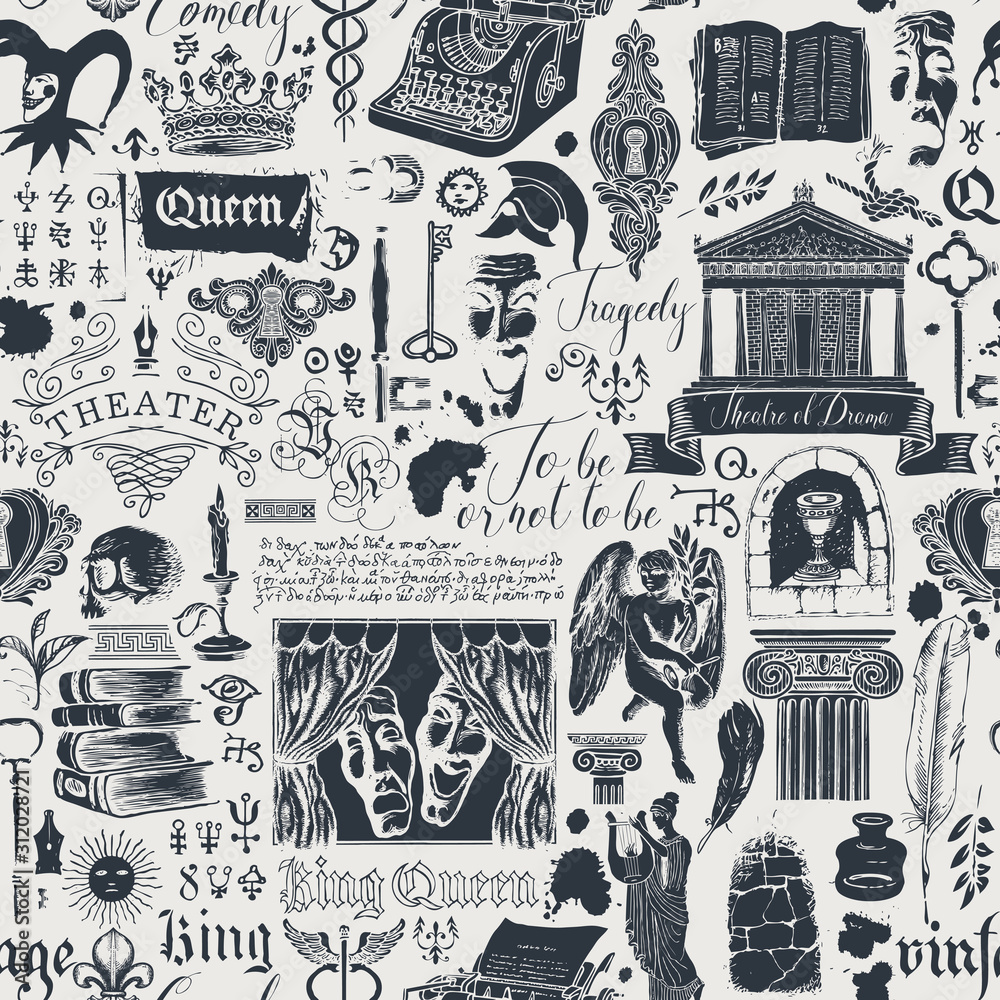 Vector seamless pattern on the theme of theater and drama with hand-drawn illustrations and inscriptions. Suitable for Wallpaper, wrapping paper, background or fabric in vintage style