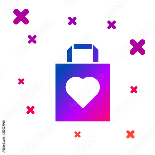 Color Shopping bag with heart icon isolated on white background. Shopping bag shop love like heart icon. Valentines day symbol. Gradient random dynamic shapes. Vector Illustration